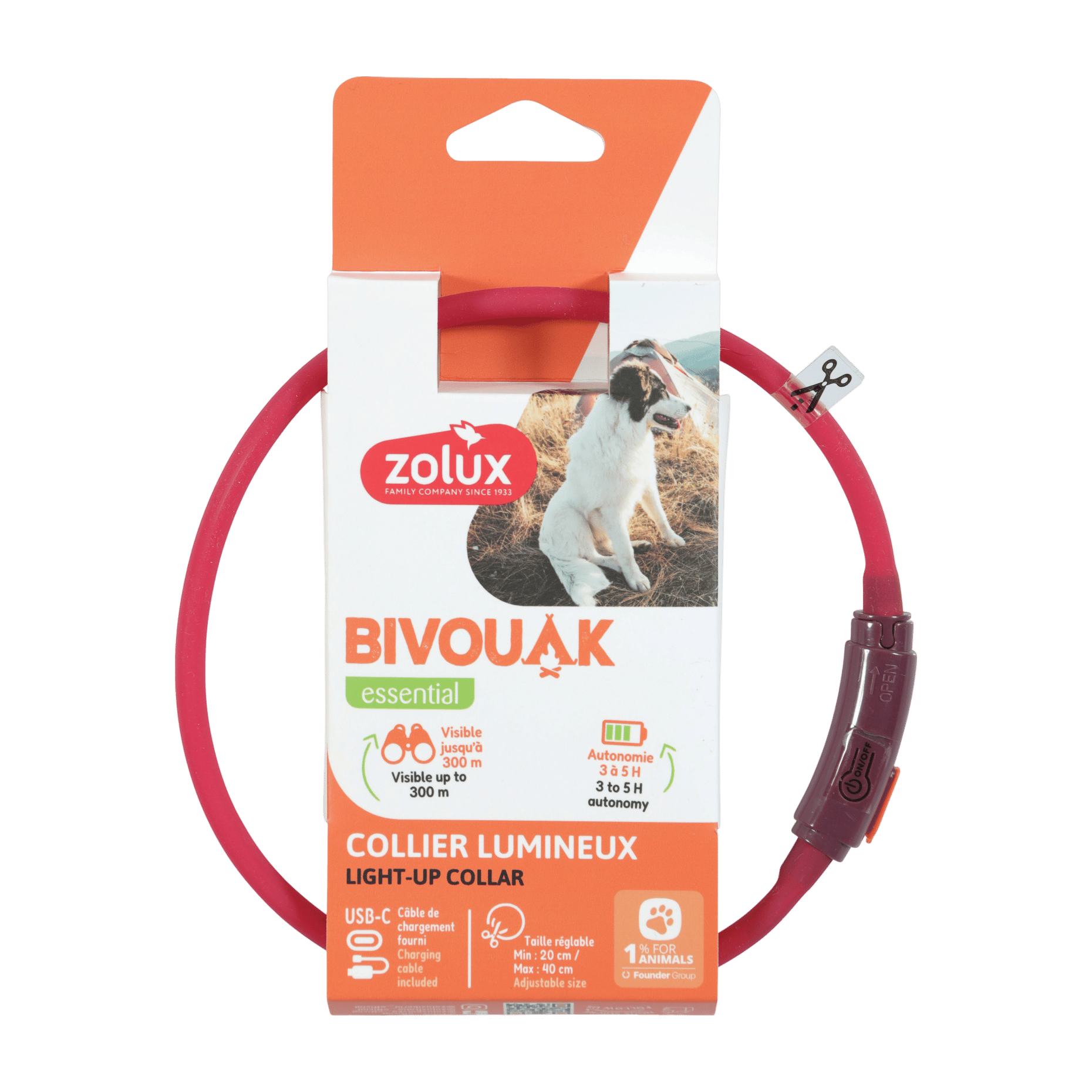 Obojek LED malý BIVOUAK 20-40cm USB červená Zolux