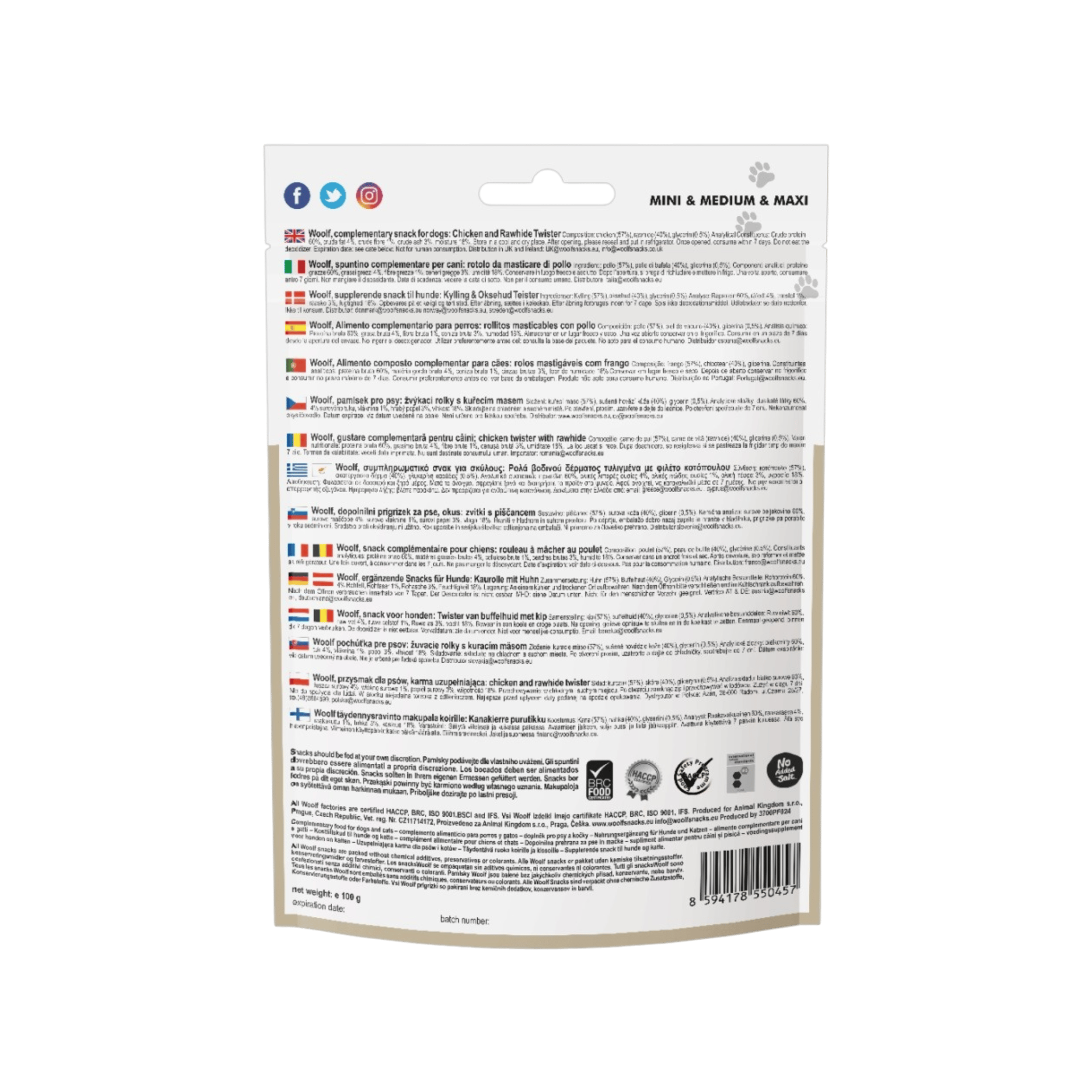 WOOLF pochoutka Chicken and Rawhide Twister 100g