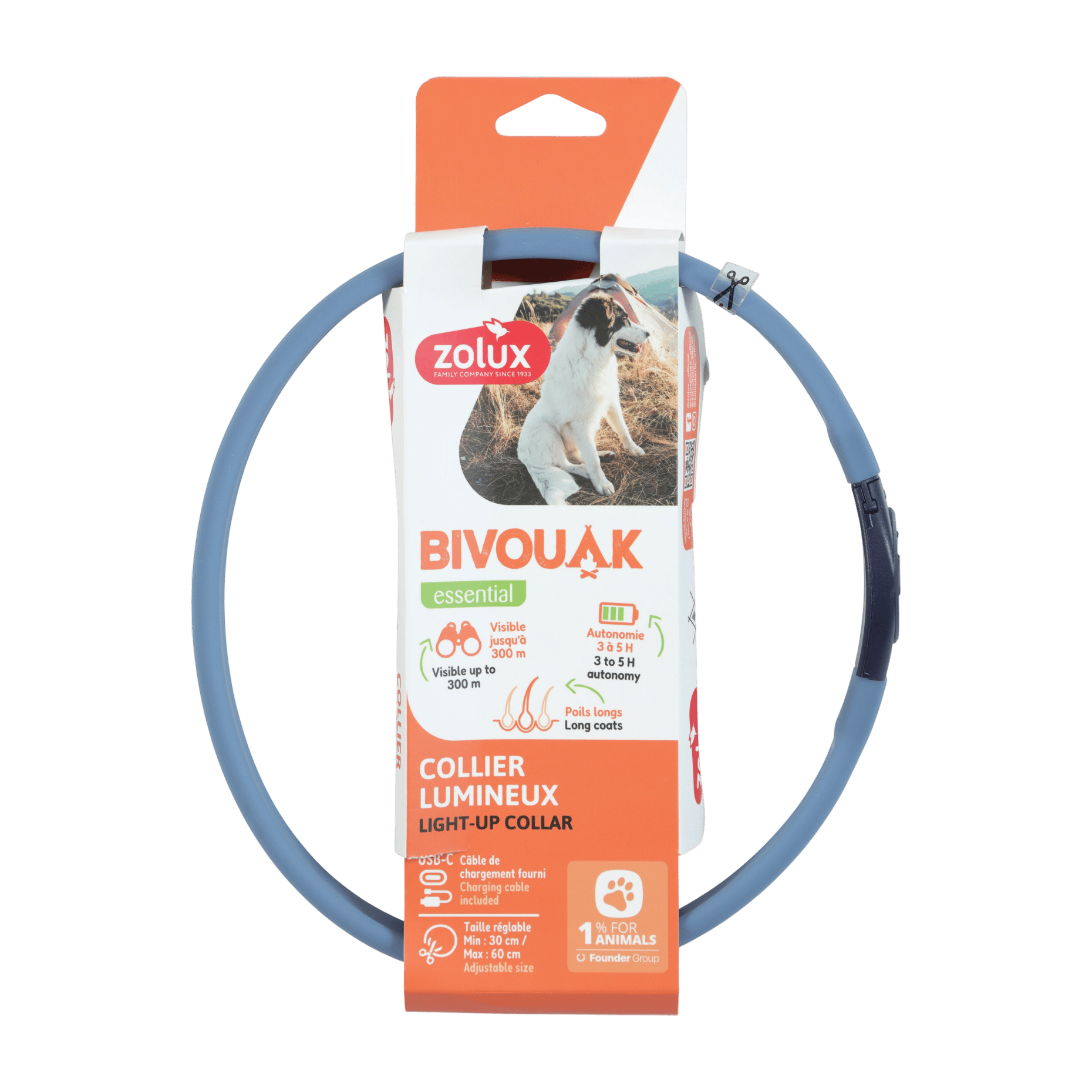 Obojek LED velký BIVOUAK 30-60cm USB modrá Zolux